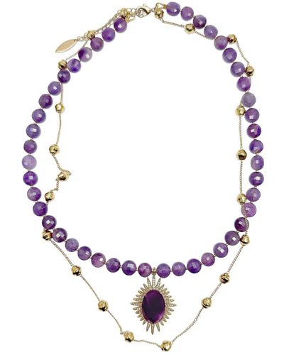 Farra Amethyst Stones With Pendant Double Layers Necklace - Metallic