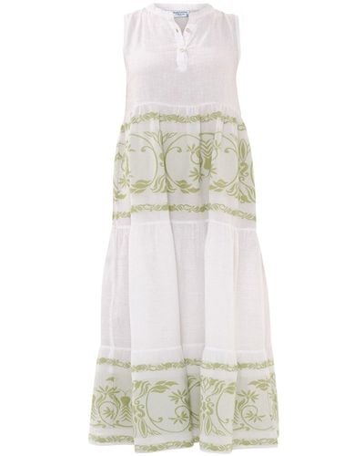 Haris Cotton Smock Maxi Linen Dress With Embroidered Cotton Details - White