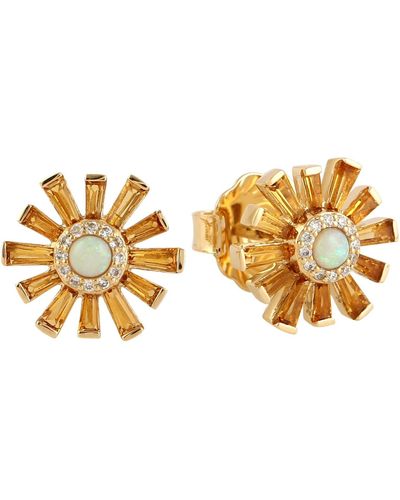 Artisan Yellow Gold Opal Ethiopian Baguette Citrine Stud Earrings Handmade Jewellery - Metallic