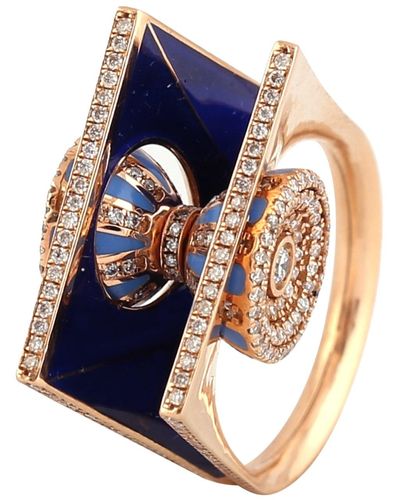 Artisan 18k Rose Gold With Natural Diamond Pave Asymmetric Enamel Ring - Blue
