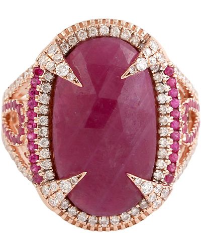 Artisan 18k Rose Gold In Oval Cut Ruby & Pave Diamond Handmade Designer Cocktail Ring - Pink