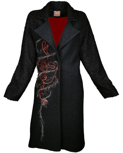 Lalipop Design Felt Coat With Embroidery Details & Raglan Sleeves - Black