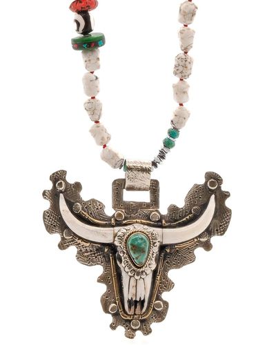 Ebru Jewelry Silver & Turquoise Long Horn Pendant Nepal Beaded Necklace - Metallic