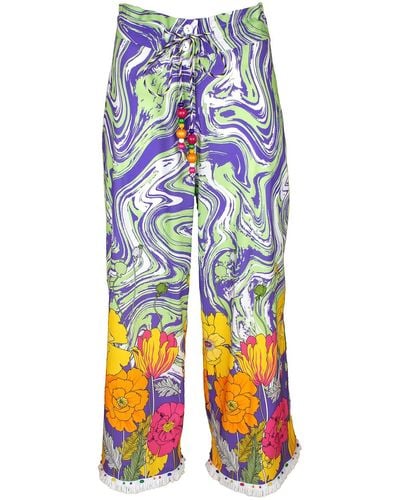 Lalipop Design Capri Trousers With Abstract Liquid And Flower Pattern - Blue