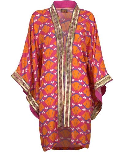 Lalipop Design Multi-color Abstract Viscose Kimono Embellished With Golden Embroidery Details - Red