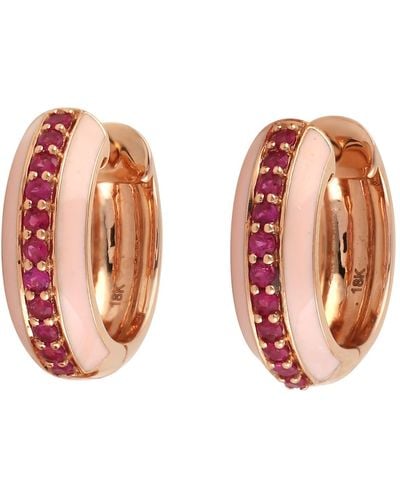 Artisan Rose Gold Natural Ruby Hoop Earrings Enamel Jewellery - Pink