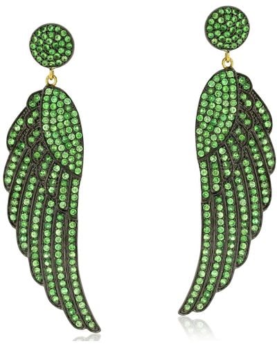 Artisan Yellow Gold Sterling Silver Tsavorite Feather Dangle Earrings Handmade Jewelry - Green