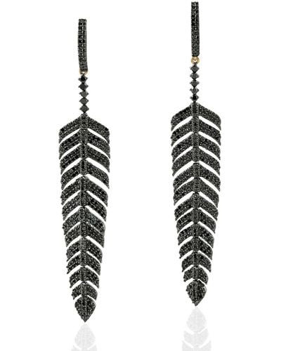 Artisan 14k Gold 925 Sterling Silver Black Diamond Feather Dangle Earrings