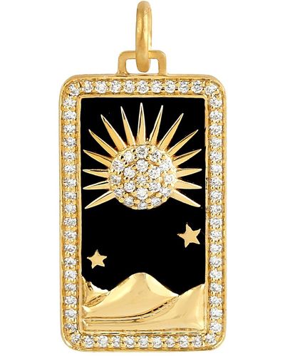 Artisan 14k Gold & Natural Diamond Pave Sun With Mountain Tarot Card Enamel Pendant - Metallic