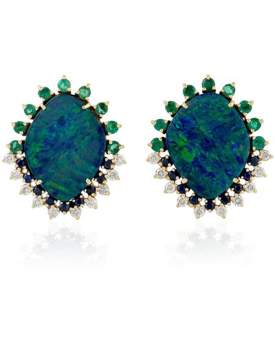Artisan 18k Yellow Gold Diamond Designer Opal Doublet Emerald Sapphire Stud Earrings Handmade Jewelry - Multicolor
