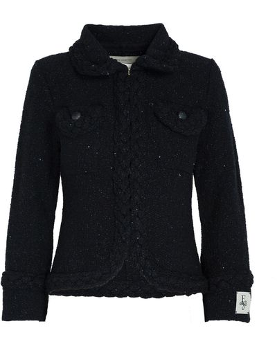 The Extreme Collection Tweed Cotton Blend Metallic Threads Jacket With Pockets And Buttons Hannah - Black