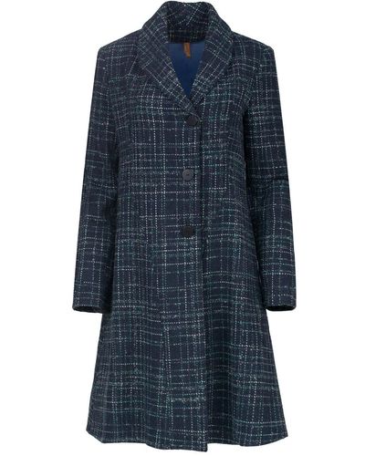 Conquista Knee Length Check Wool Coat With Lining - Blue