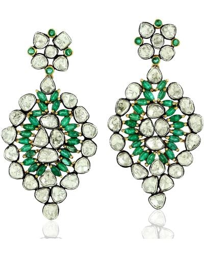 Artisan 925 Sterling Silver 18k Gold Uncut Diamond Emerald Dangle Earrings Handmade Jewelry - Multicolor