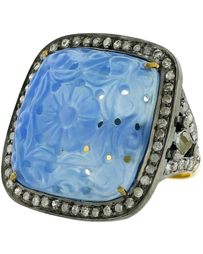 Artisan 18k Gold & 925 Silver In Carved Blue Agate With Pave Diamond Designer Cocktail Ring