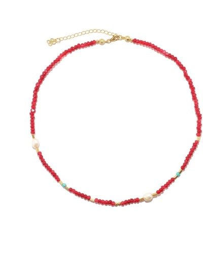 Ottoman Hands Carmen Pearl And Jade Beaded Necklace - Red
