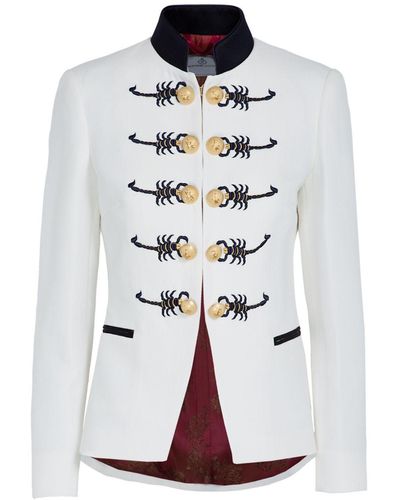 The Extreme Collection Scorpion Embroidered Ecru Cotton And Linen Blazer With Mao Collar And Golden Buttons Dundee - White