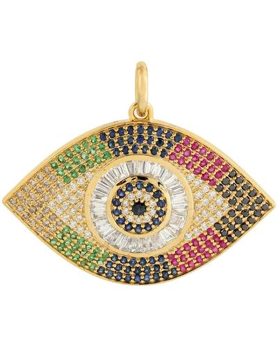 Artisan Multi Sapphire Ruby Tsavorite Diamond Yellow Gold Evil Eye Pendant - Metallic