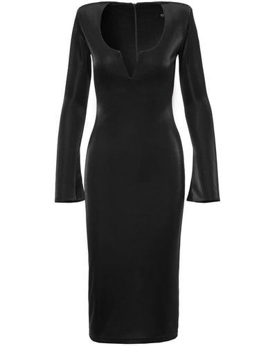 BLUZAT Bodycon Midi Dress With V-neck Detail And Structured Shoulders - Black