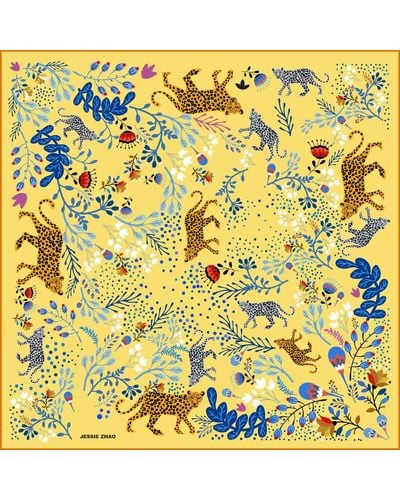 Jessie Zhao New York Silk Scarf In Yellow With Leopard & Flowers
