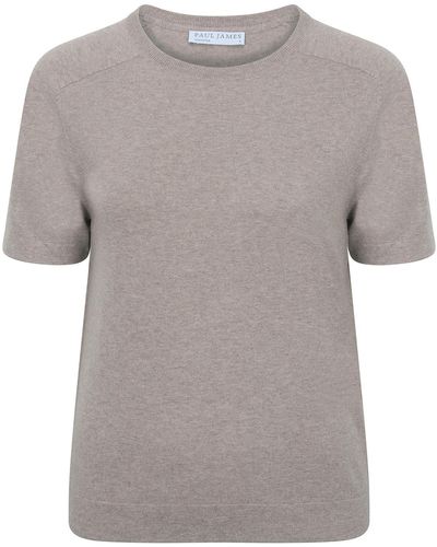 Paul James Knitwear Neutrals / S Ultra Fine Cotton Cassie Saddle Shoulder Knitted T-shirt - Grey