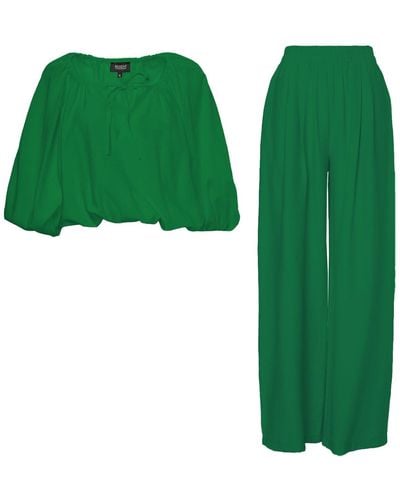 BLUZAT Linen Matching Set With Flowy Blouse And Wide Leg Pants - Green