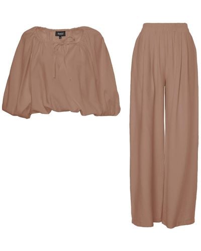 BLUZAT Camel Linen Matching Set With Flowy Blouse And Wide Leg Trousers - Brown