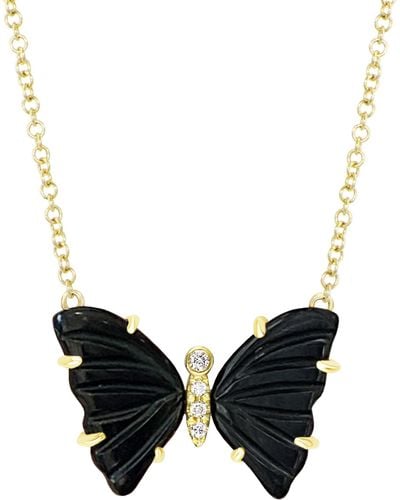 KAMARIA 14k Onyx Butterfly Necklace With Diamonds & Prongs - Black