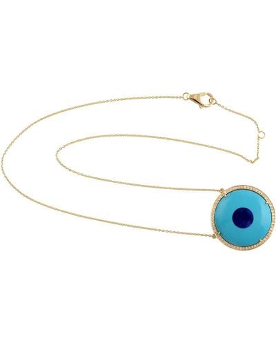 Artisan 18k Gold In Pave Diamond With Turquoise & Lapis Gemstone Evil Eye Chain Choker Necklace - Blue