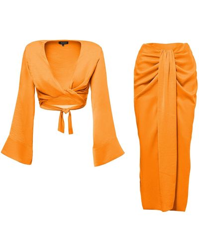BLUZAT Orange Set With Top And Midi Skirt