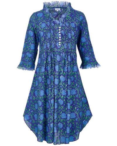 At Last Annabel Cotton Tunic In Royal With & Green Flower - Blue