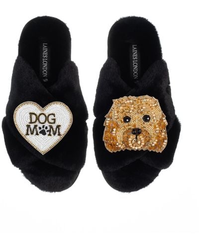 Laines London Classic Laines Slippers With Enki-doo & Dog Mum / Mom Brooches - Black