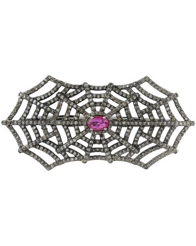 Artisan 925 Sterling Silver Pave Diamond Spider Web Two Finger Ring Ruby Gemstone Jewelry - Metallic