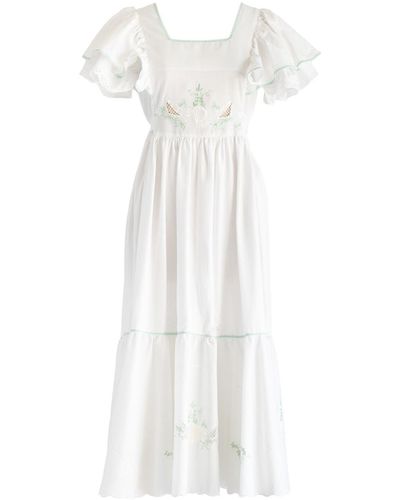 Sugar Cream Vintage Re-design Upcycled Hand Embroidered Green Border Maxi Dress - White