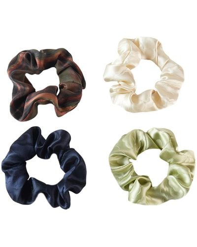 Soft Strokes Silk Set Of Four Pure Mulberry Silk French Scrunchie, Jacquard Silk & Tea Silk In Clouds And Rivers - Metallic
