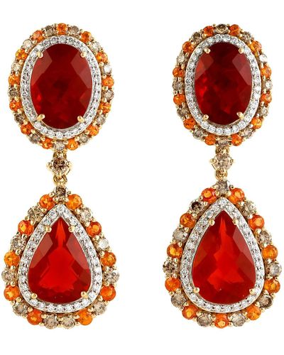 Artisan Garnet Mandarin Fire Opal Diamond Designer Dangle Earrings 18k Gold - Red