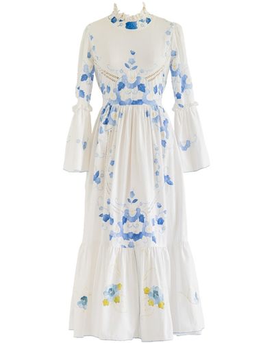 Sugar Cream Vintage Re-design Upcycled Ruffle Neck Floral Embroidery Maxi Dress - Blue