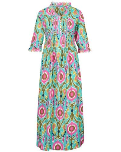 At Last Cotton Annabel Maxi Dress In Turquoise Multi Ikat - Blue