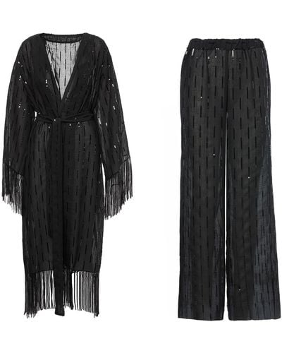 BLUZAT Matching Set With Sequin Kimono And Trousers - Black