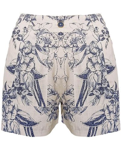 Haris Cotton Printed Linen Blend Shorts With Pleats - Grey