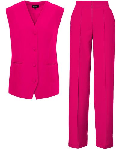 BLUZAT Fuchsia Suit With Oversized Vest And Stripe Detail Pants - Pink