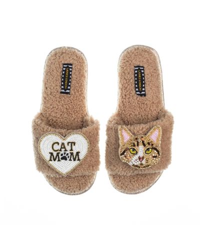 Laines London Teddy Toweling Slippers With Tabby Cat & Cat Mom / Mum Brooches - Natural