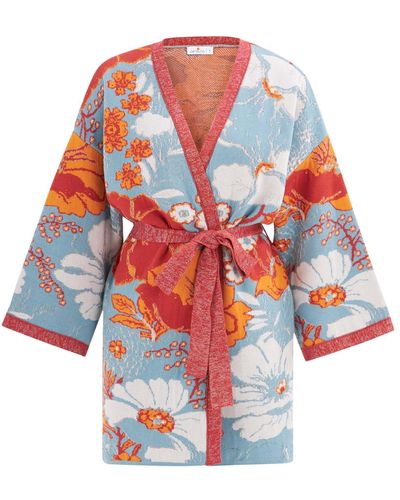 Peraluna Floral Pattern Shimmer Detailed Short Knit Kimono - Red