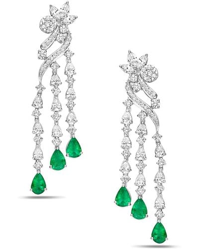 Artisan Solid White Gold Natural Emerald Diamond Chandelier Earrings Handmade Jewelry