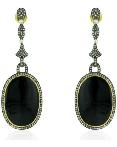 Artisan Diamond 18k Gold 925 Sterling Silver Dangle Enamel Earrings Jewelry - Black