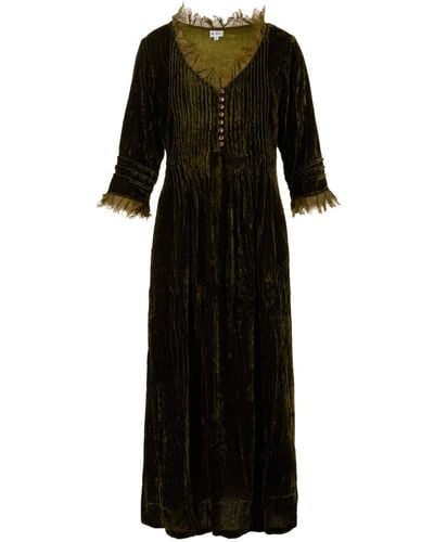 At Last Silk Velvet Annabel Midi Dress Olive - Black