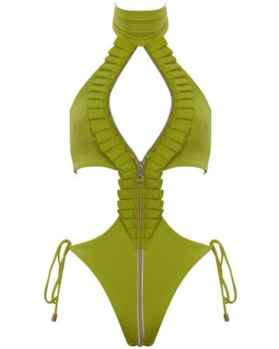 ANTONINIAS Ahmosy Cut-out One-piece Swimwear With Ruffles & Adjustable Zip In Lime - Green