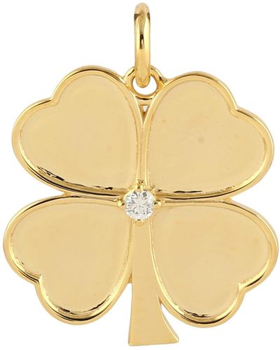 Artisan 14k Solid Yellow Gold Pave Diamond Clover Shape Flower Charm Pendant - Metallic