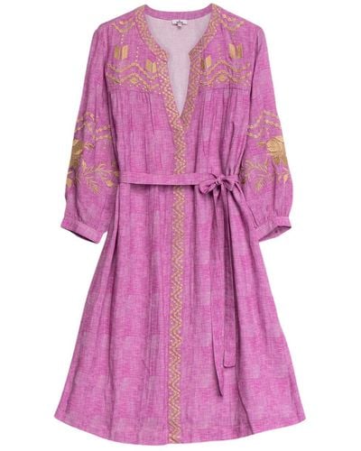 Niza Short Dress With Long Sleeves And Embroidery - Purple