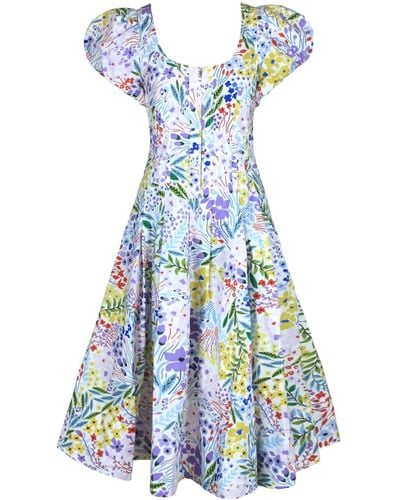 Jessie Zhao New York Purple Garden Scoop Neck Cotton Midi Dress - Blue