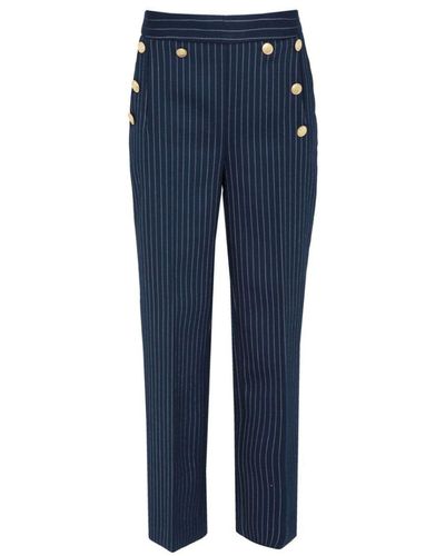 The Extreme Collection Navy Pinstripe Premium Crepe Pants Rue Cambon With Golden Buttons - Blue
